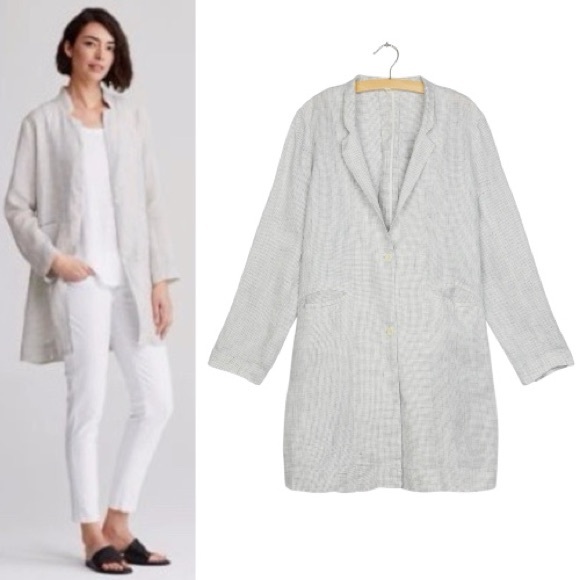 Eileen Fisher Jackets & Blazers - Eileen Fisher Organic Linen Slub Check Long Jacket Blazer Size Medium